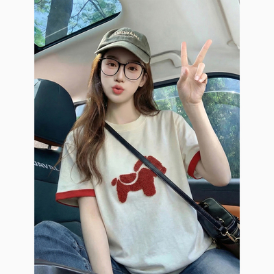 撞色短袖t恤女2026新款春季植绒小马刺绣设计感正肩小个子上衣潮