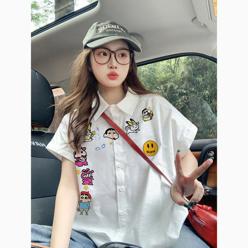 潮牌卡通白色正肩短袖衬衫女夏季宽松慵懒风小众小飞袖上衣衬衣女