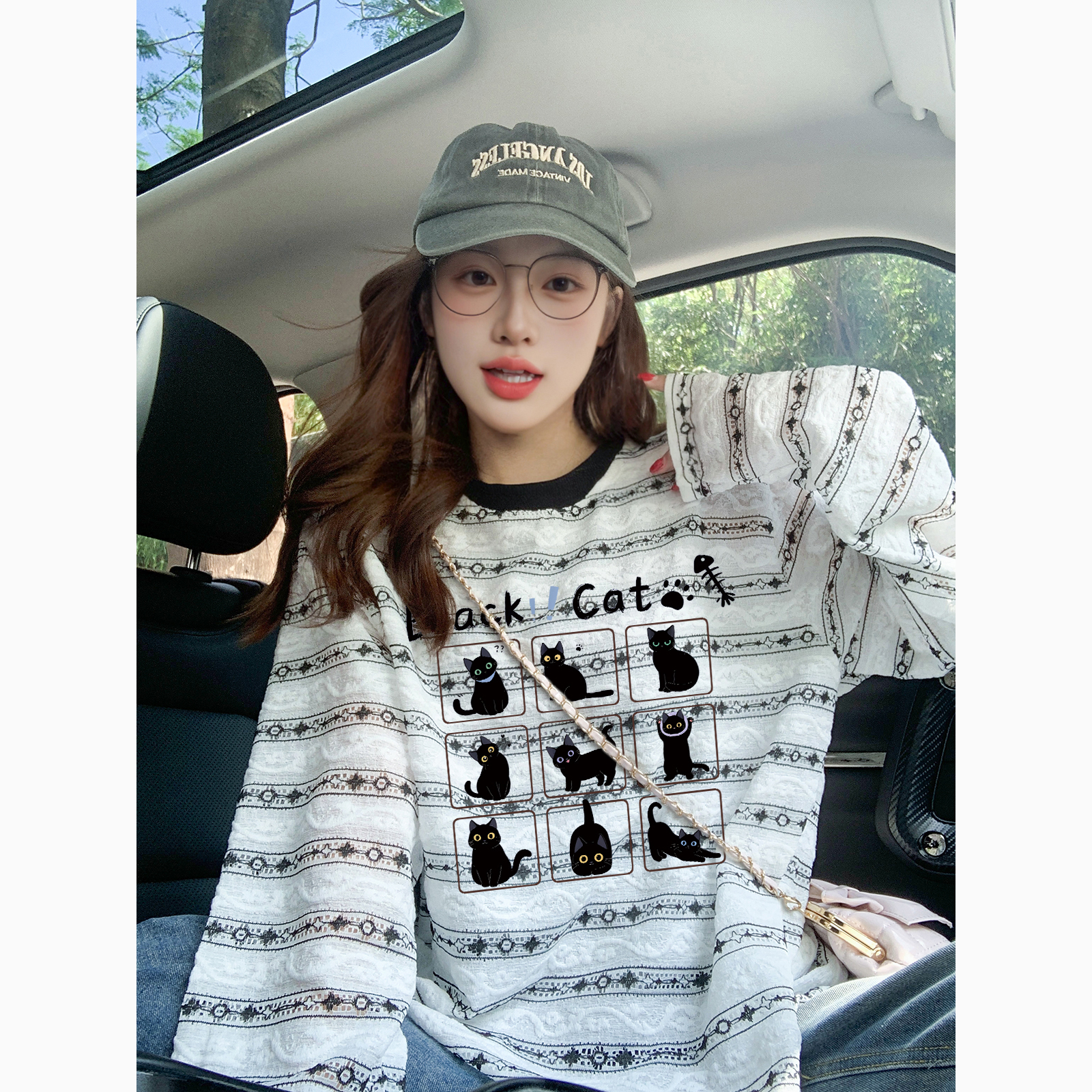 薄款白色蕾丝条纹长袖t恤女早秋宽松慵懒风防晒罩衫潮牌小众上衣