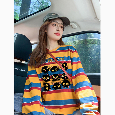 橙色条纹爆款卡通长袖t恤女早秋宽松慵懒风纯棉防晒罩衫情侣上衣