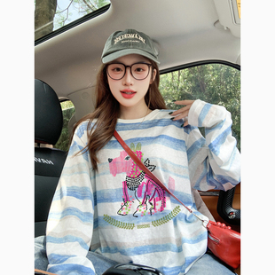 薄款 宽松慵懒风减龄显白情侣上衣 小众潮牌卡通条纹长袖 t恤女秋季