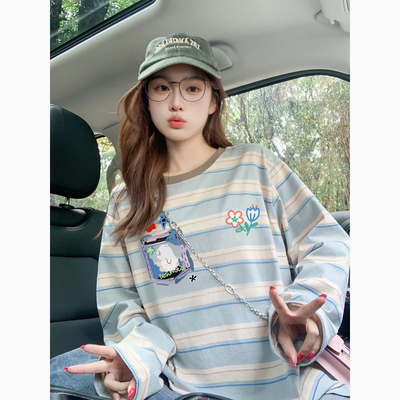 2025新款蓝白条纹长袖t恤女早秋宽松慵懒风防晒罩衫潮牌情侣上衣