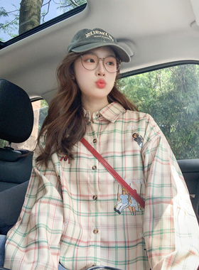 卡通橙色格子长袖衬衫女早秋2025新款宽松慵懒风潮牌情侣上衣外套