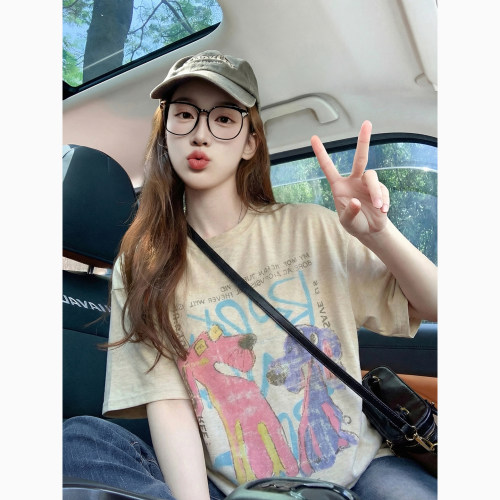 美式卡通风短袖T恤女夏季2026新款宽松印花潮牌设计感多巴胺上衣