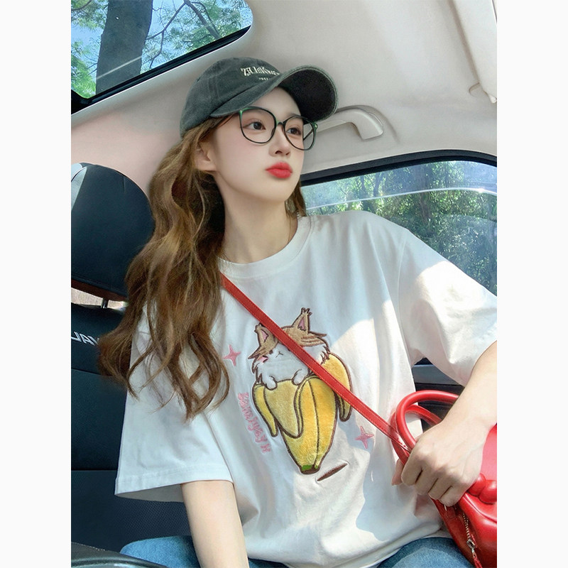 白色卡通可爱绣花贴布短袖t恤女夏季2026新款宽松潮牌减龄上衣女,女装/女士精品,T恤,淘宝优惠券,粉丝福利购,淘宝优惠卷