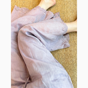 温柔慵懒风花边刺绣阔腿裤子女夏季薄款宽松直筒紫色复古休闲裤女