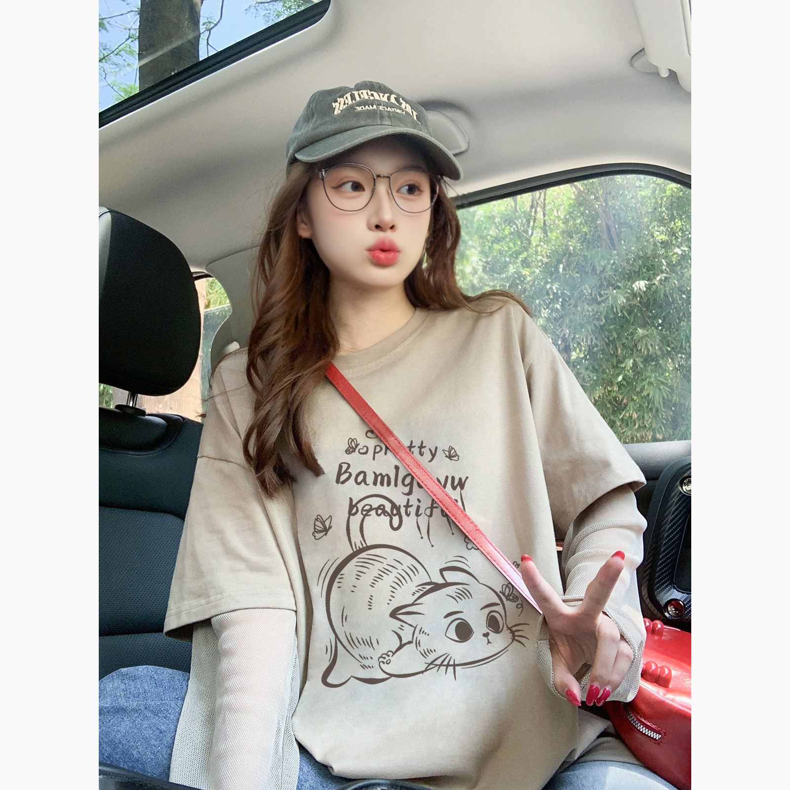复古可爱卡通长袖t恤女夏季2025新款宽松慵懒风潮牌防晒罩衫上衣