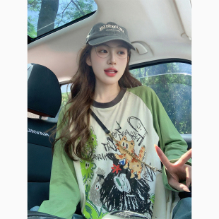 绿色卡通涂鸦印花潮牌纯棉长袖 宽松高级感上衣 t恤女春夏2026新款