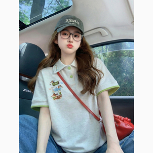 灰色polo领短袖t恤女2026新款夏季美式卡通刺绣宽松学院风上衣潮
