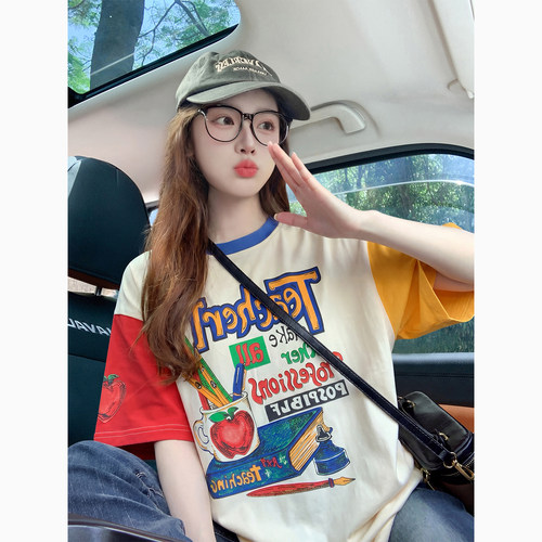 彩色拼接印花短袖t恤女夏季2026新款美式复古宽松多巴胺穿搭上衣