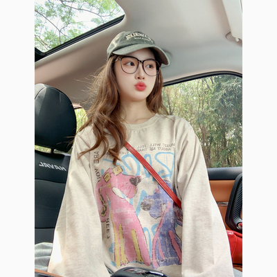 2025新款复古卡通潮牌长袖t恤女早秋小众减龄宽松慵懒风情侣上衣
