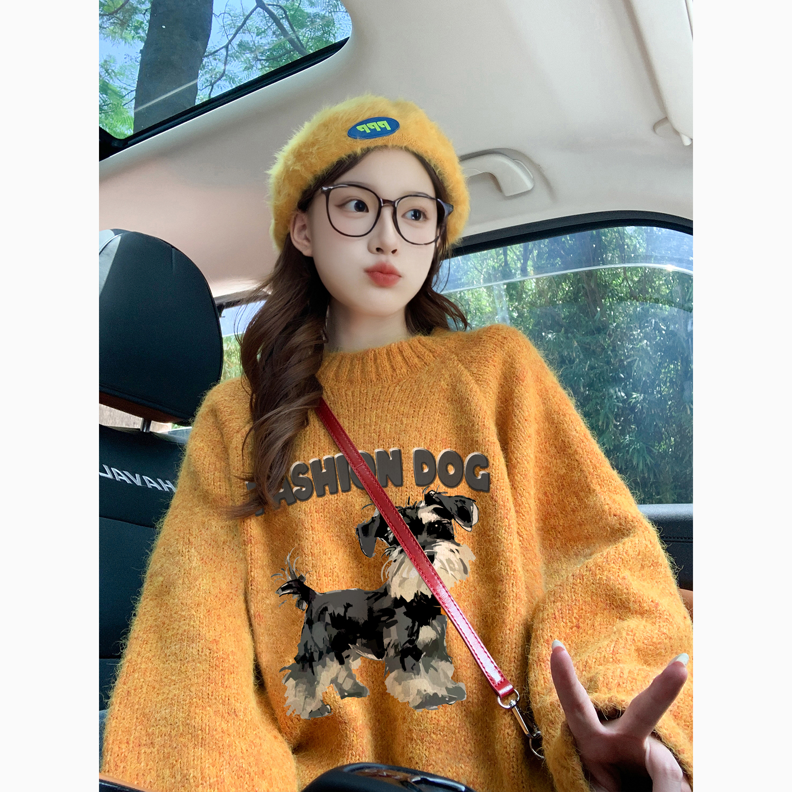 小狗卡通印花橘色加厚毛衣女秋冬小众软糯复古慵懒高级感针织上衣