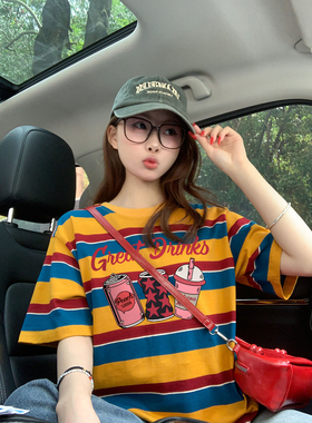 欧货潮牌橙色条纹短袖t恤女夏2025新款爆款宽松慵懒风情侣上衣半t