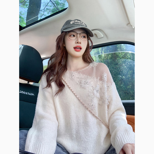 法式温柔风亮片花朵毛衣女秋冬2026新款小众设计感慵懒减龄针织衫