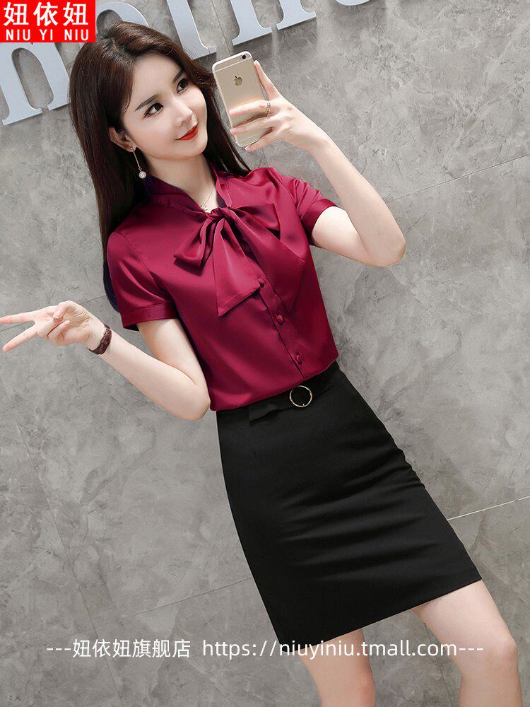 白色衬衫女工作服上衣短袖洋气宽松缎面职业新款韩版蝴蝶结衬衣夏