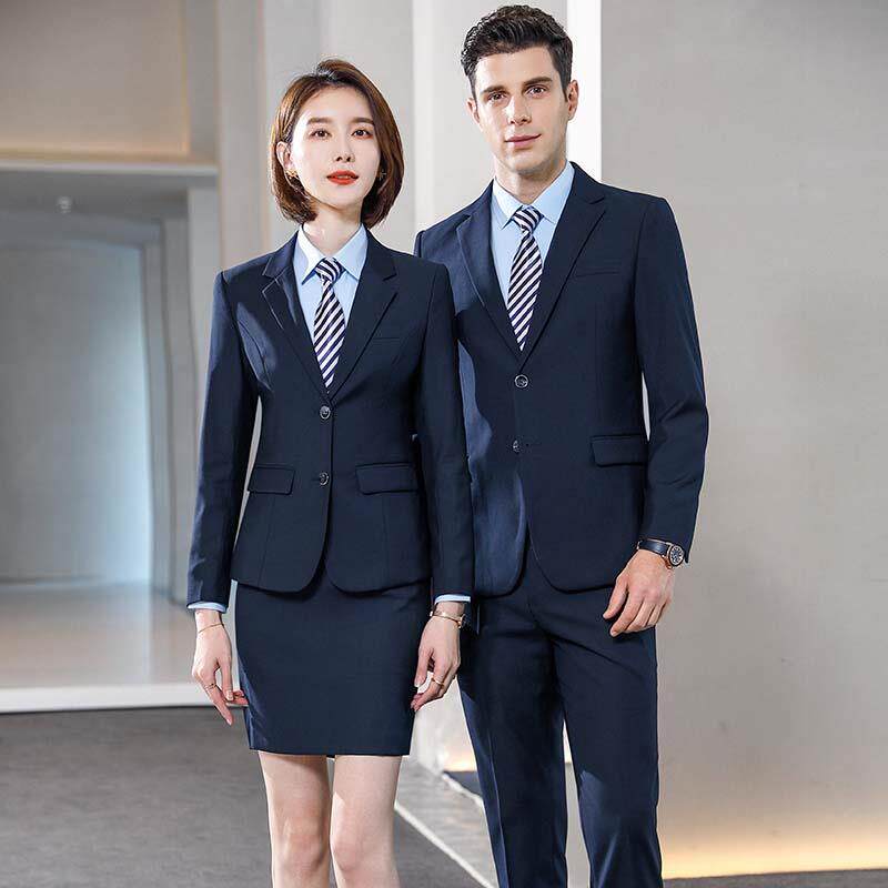 藏蓝色西装套装男女三件套商务正装售楼部物业西服外套工装工作服