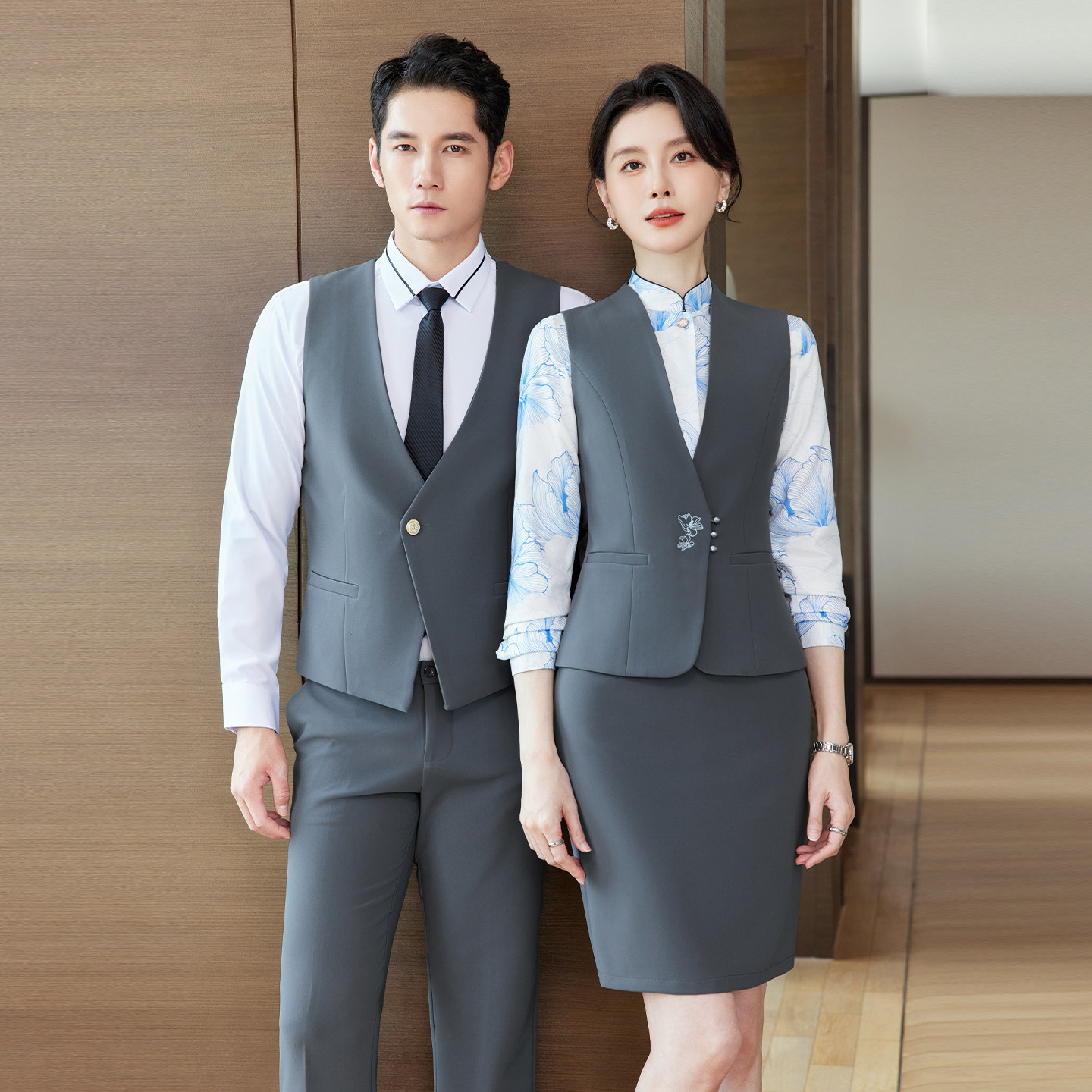 酒店餐厅茶楼工作服男女职业装马甲套装前台收银员服务员客服工装