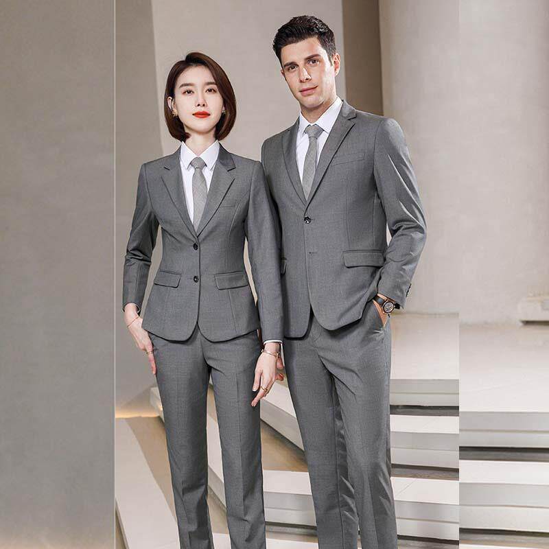 浅灰色西装套装男女三件套商务正装售楼部物业西服外套工装工作服