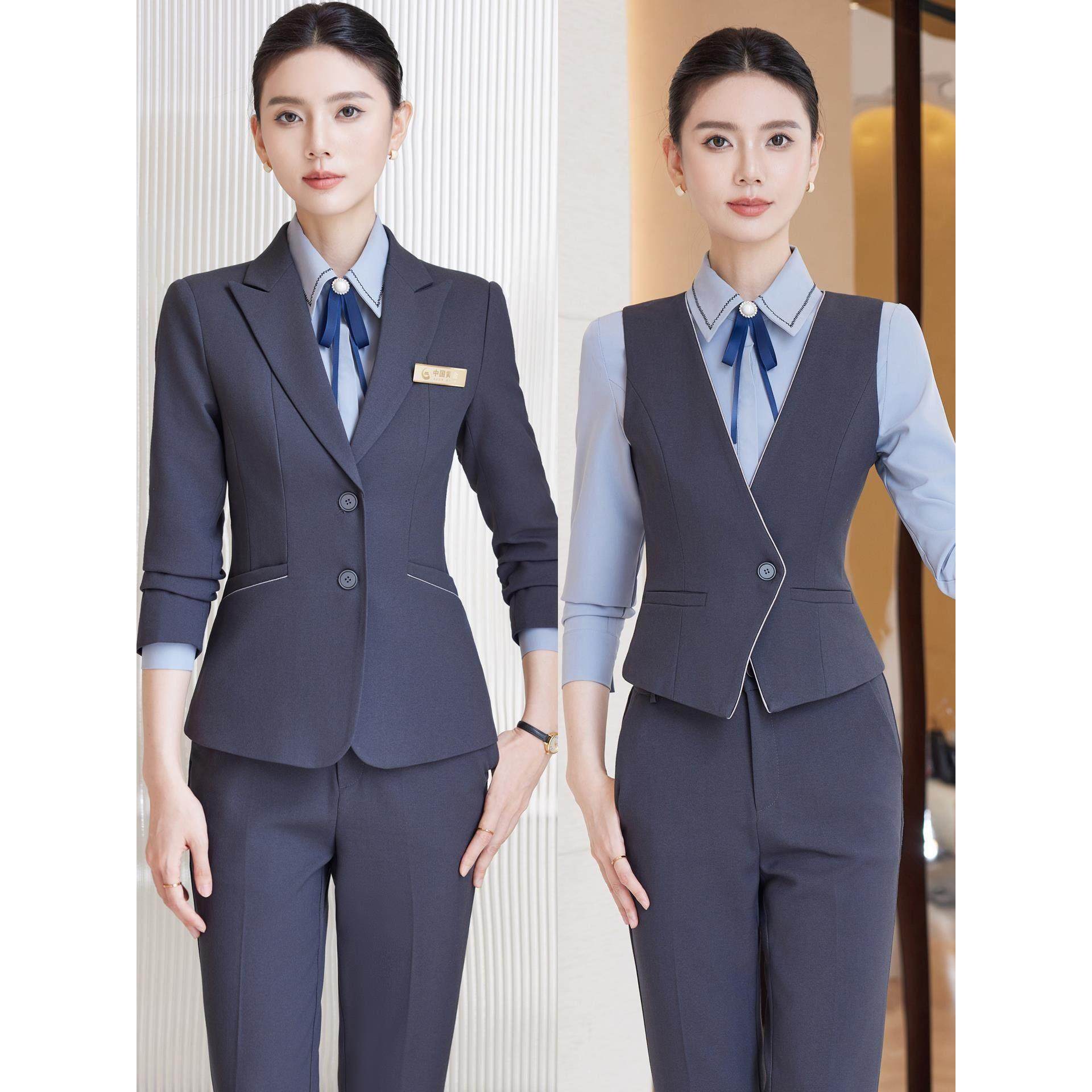 高端灰色职业西装套装女春秋冬季酒店前台接待工作装职场正装西服