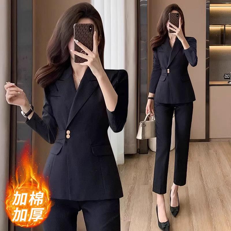 黑色西装套装女秋冬夹棉珠宝店美容院工作服职业气质酒店前台工装
