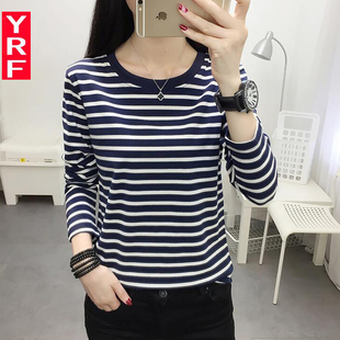 2025新款 胖mm秋装 t恤女装 宽松纯棉长袖 圆领条纹显瘦外穿秋衣 大码