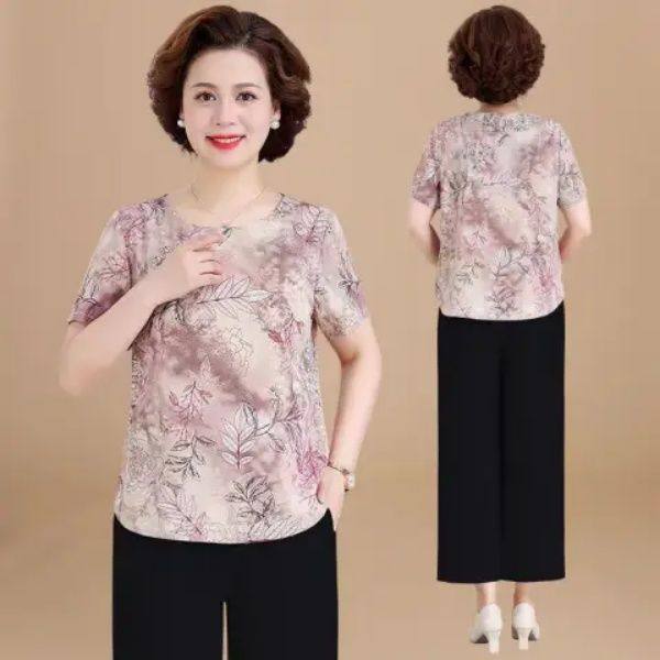 妈妈装短袖七分裤两件套碎花套装