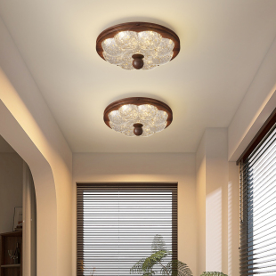 新款 中古风走廊过道玄关吸顶灯床头吊灯胡桃木色护眼LED复古灯具