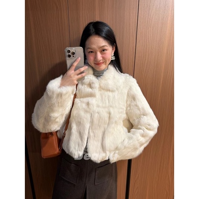 日了个韩｜宽松时髦加厚保暖翻领真兔毛皮毛一体短款皮草外套棉服