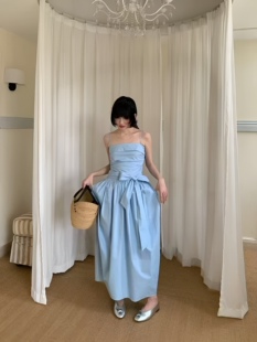 日了个韩|气质蝴蝶结绑带收腰显瘦压褶抹胸吊带连衣裙度假风长裙