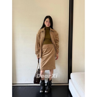 日了个韩|宽松复古廓形灯芯绒夹克外套+高腰显瘦腰带半身裙套装