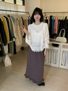 日了个韩|宽松设计款气质拼接蕾丝花边钩花镂空长袖针织打底衫女