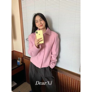 日了个韩|宽松复古软糯收腰显瘦翻领小个子短款夹棉羊毛呢子外套