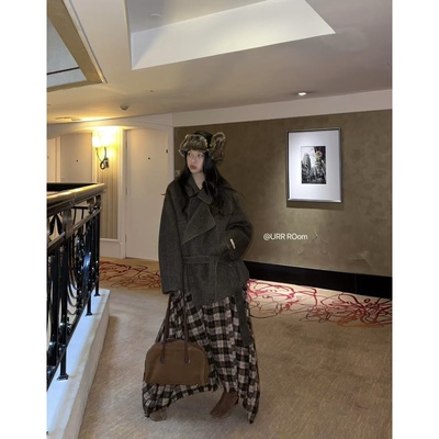 日了个韩｜复古廓形翻领腰带收腰显瘦中长款双面羊绒呢子大衣外套