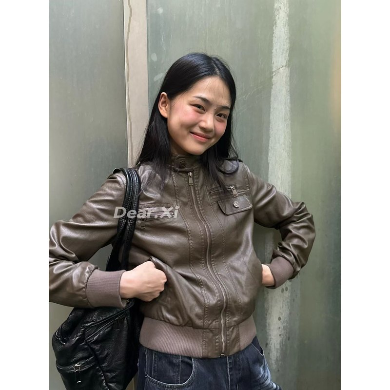 日了个韩｜2026秋时髦复古宽松显瘦立领短款pu皮衣夹克外套机车服