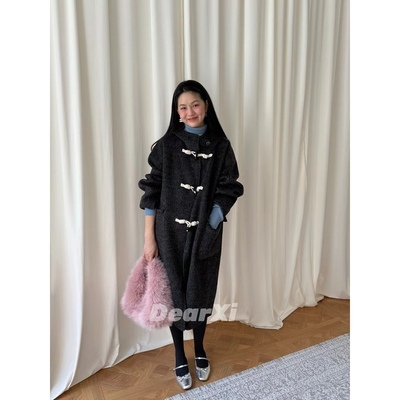 日了个韩｜宽松廓形牛角扣连帽中长款双面羊绒羊毛呢子大衣外套女