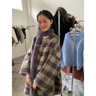 日了个韩｜复古高级感廓形双面羊绒中长款双排扣格子羊毛呢子大衣
