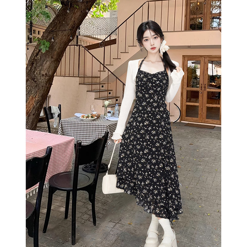 黑色碎花吊带连衣裙+开衫2025春季新款气质淑女超仙法式甜美套装