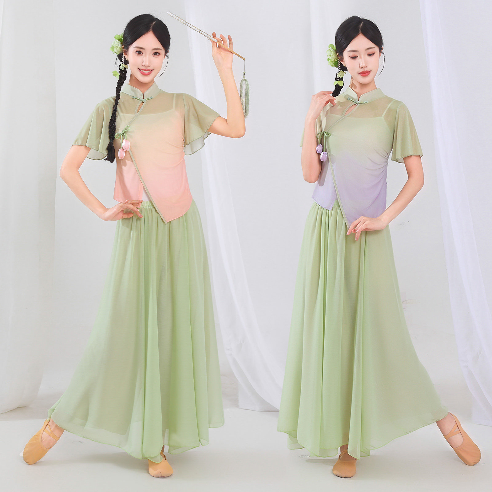 古典舞蹈服女短袖立领渐变飘逸花卉装饰舞蹈练功服舞台演出服
