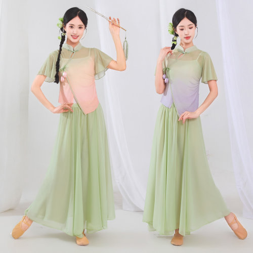 古典舞蹈服女短袖立领渐变飘逸花卉装饰舞蹈练功服舞台演出服