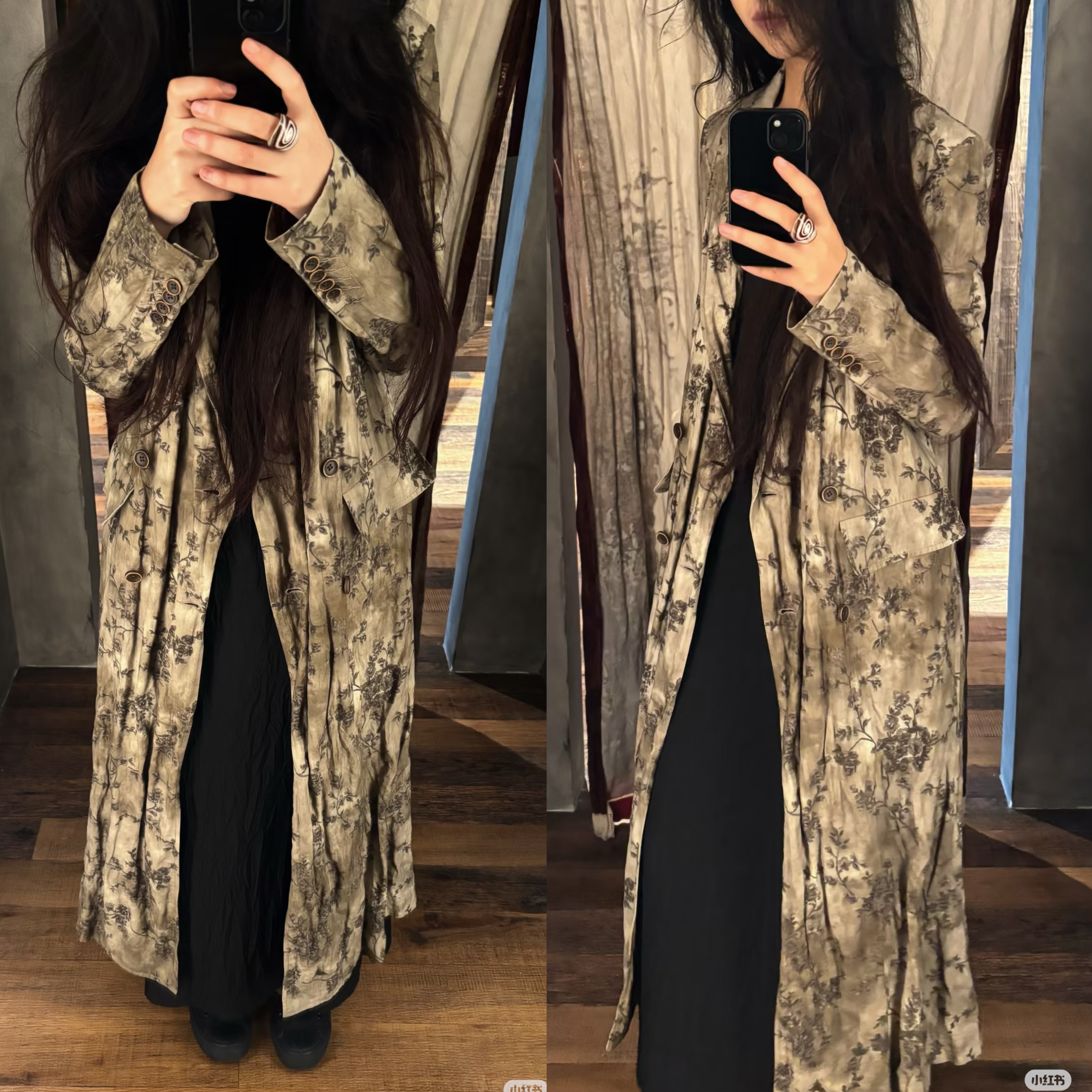 小众设计UMA复古做旧炒色桂花缩皱显瘦长袖清冷感慵懒风风衣外套