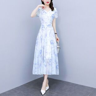 2026新款短袖雪纺碎花连衣裙女小个子收腰显瘦遮肚气质长款裙子夏