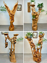 典艺阁香樟木根雕花架创意客厅摆件天然随型实木树根底座盆景架