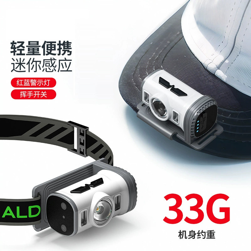 迷你LED强光头灯帽夹感应红蓝光头灯充电野外夜钓头戴式照明头灯