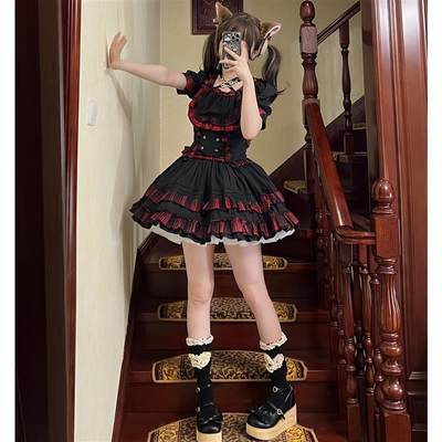 朋克摇滚lolita裙子分体两件套装洛丽塔短款打歌服黑色暗黑风夏季