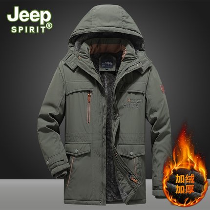 JEEP SPIRIT冬季男士保暖棉衣加绒加厚中长新款外套户外休闲夹克