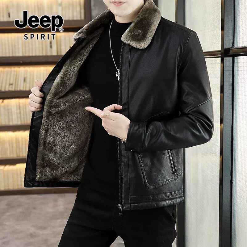 JEEP SPIRIT吉普冬季加绒加厚保暖皮衣男款翻毛领羊羔绒夹克外套