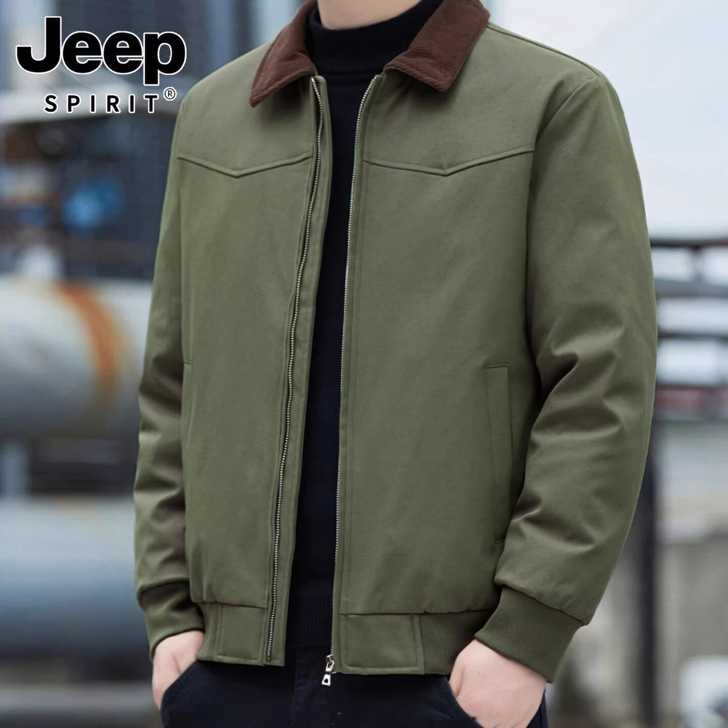 JEEP SPIRIT吉普翻领羽绒服冬季新款军绿工装短款白鸭绒保暖外套