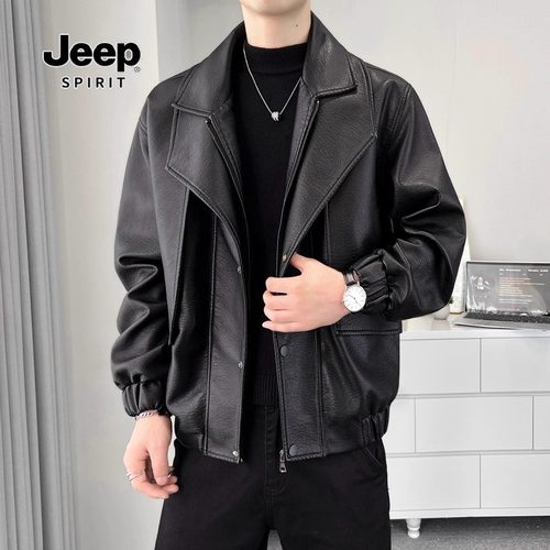 吉普假俩件皮衣荔枝纹机车服外套