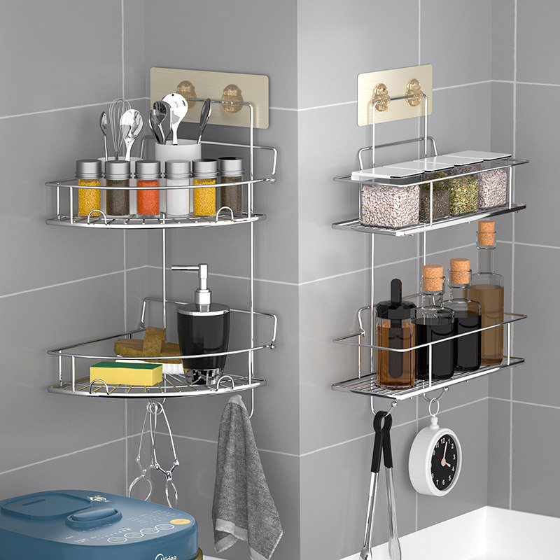 厨房置物架壁挂式可折叠不锈钢免打孔调料可拆洗转角三角双层挂架