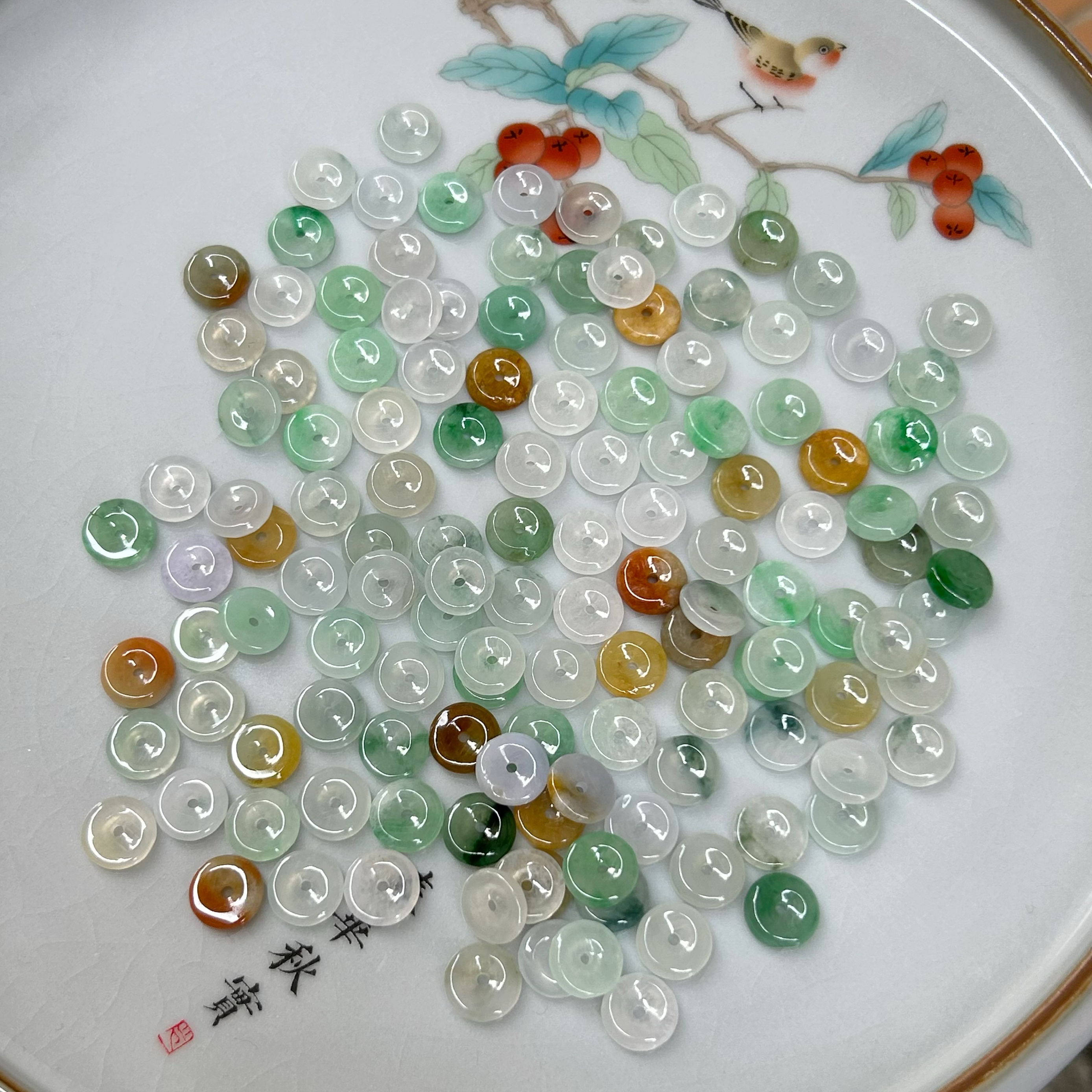 翡翠a货小平安扣三彩玉石配件